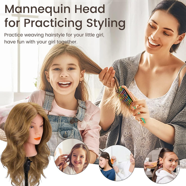 Mannequin Head with 100% Real Hair for Cosmetology,  18" Light Brown Hairdresser Training Head with Clamp Holder and Tool, Doll Head Mannequin Head for Hair Styling Practice