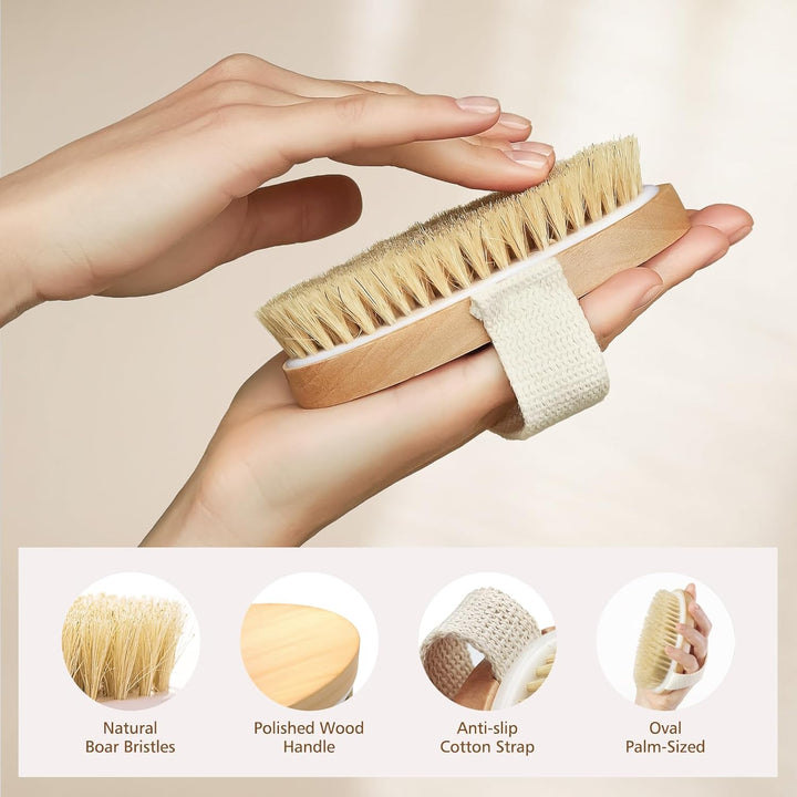 Dry Brushing Body Brush, Natural Bristle Dry Skin Exfoliating Brush Body Scrub for Flawless Skin, Cellulite Reduction, Lymphatic Drainage and Blood Circulation Improvement