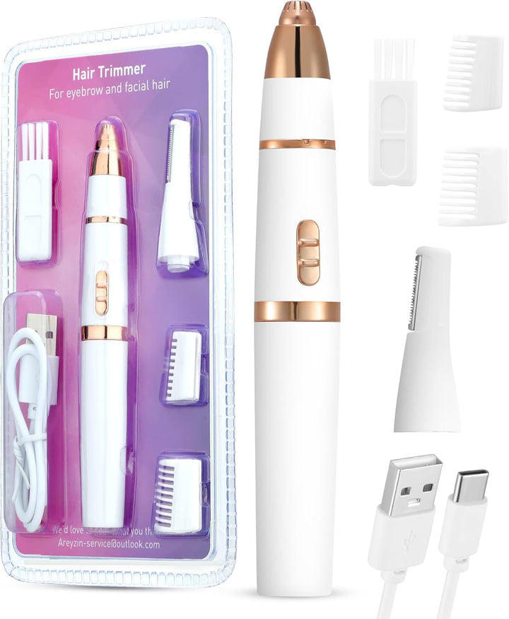 2 in 1 Facial Hair Trimmer for Women, Painless Eyebrow Trimmer for Women, Rechargeable Facial Remover for Eyebrow,Ear,Peach Fuzz,Dual Edge Blades for Easy Cleansing,White