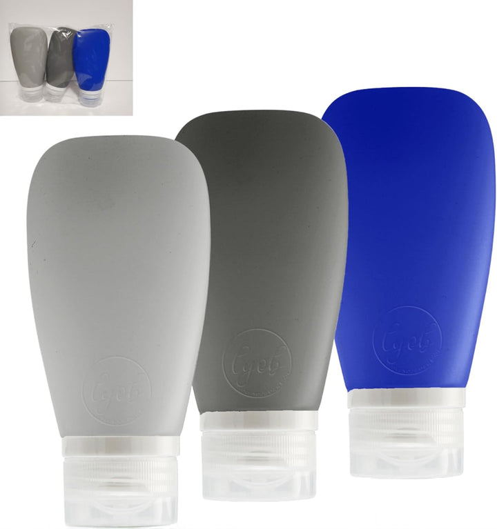 Travel Bottles for Toiletries, TSA Approved 3Oz (90Ml) Leak Proof Silicone Refillable Squeeze Travel Size Containers BPA Free for Cleansers, Lotions, Shampoo 3-Pk (Black-Gray-White)