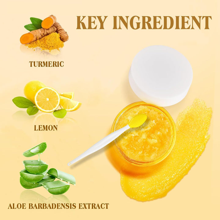 Turmeric Lemon Lip Scrub with Brush, Lip Scrubber Exfoliator for Dark Lips, Dry, Chapped Lips, Reduce Fine Lines, Natural Nourish Sugar Lip Scrub with Aloe Vera, Deep Hydration Moisturization 100G