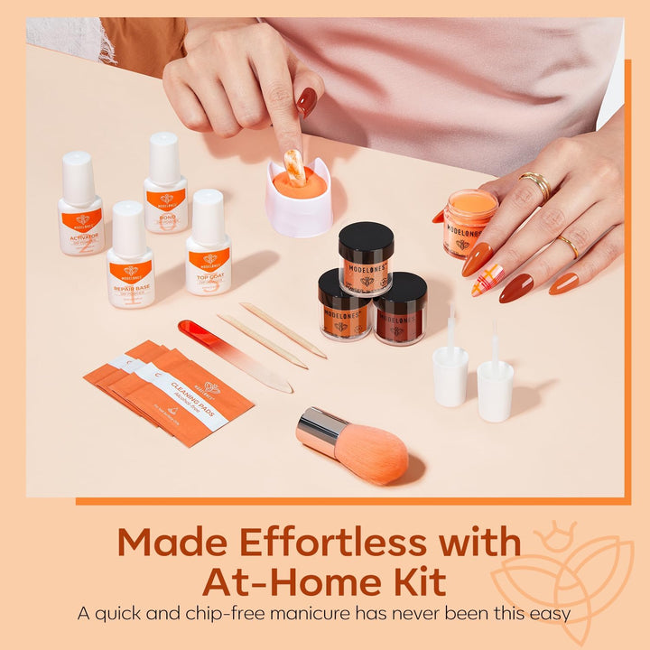 Dip Powder Nail Kit, 4 Colors Fall Orange Glitter Dipping Starter Set with Liquid and Complete Accessories for French Nails Art Salon DIY at Home Manicure
