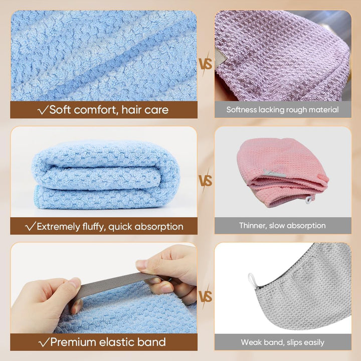 5 Pack Microfiber Hair Towels - 40 X 20 Inches Super Soft, Fast Drying Turbans for Long, Thick, Curly Hair - anti Frizz Wrap with Elastic Strap