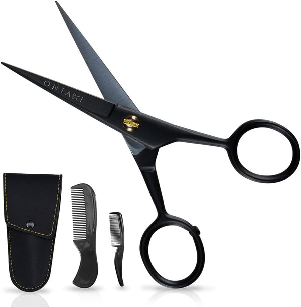 Mustache Scissors for Men - 5-Inch, Black - German High-Carbon Steel Bevel-Edge for Precision - Beard Trimming Scissors - Includes Grooming Kit with Mustache & Beard Combs & Carrying Pouch