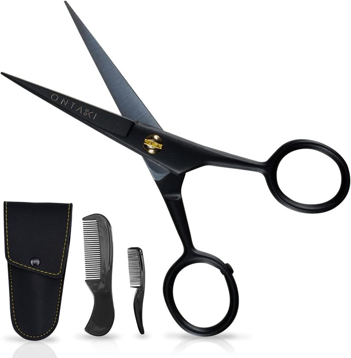 Mustache Scissors for Men - 5-Inch, Black - German High-Carbon Steel Bevel-Edge for Precision - Beard Trimming Scissors - Includes Grooming Kit with Mustache & Beard Combs & Carrying Pouch