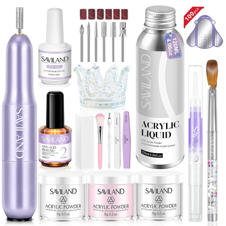 Acrylic Nail Starter Kit: Clear Pink Nude Acrylic Powder & Liquid, Brush, Files, Forms, Press on Nails, Home Practice Set