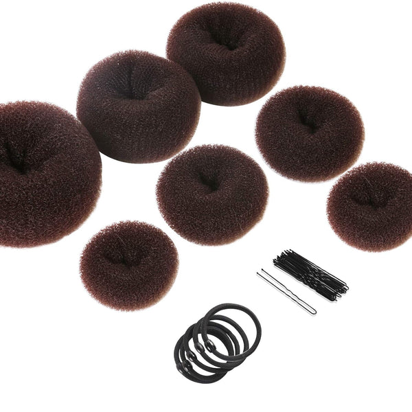 Donut Hair Bun Maker Set - 7 Rings (1 Extra-Large, 2 Large, 2 Medium, 2 Small), 5 Elastic Bands, 20 Hair Pins, Dark Brown