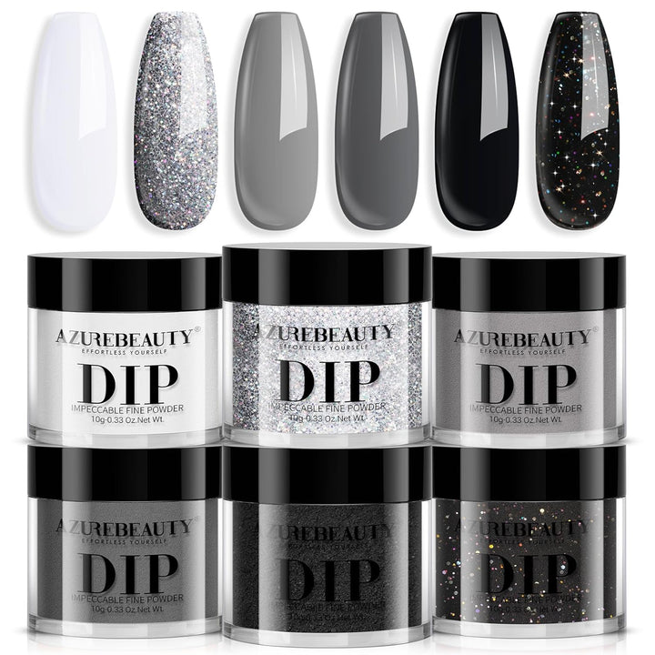 Dip Powder Nail Basic Set White Black Silver Grey Pure Sparkle 6 Colors All Seasons Dipping Powder Starter Kit French Nail Art Manicure DIY Salon for Women, No Need Nail Lamp Cured