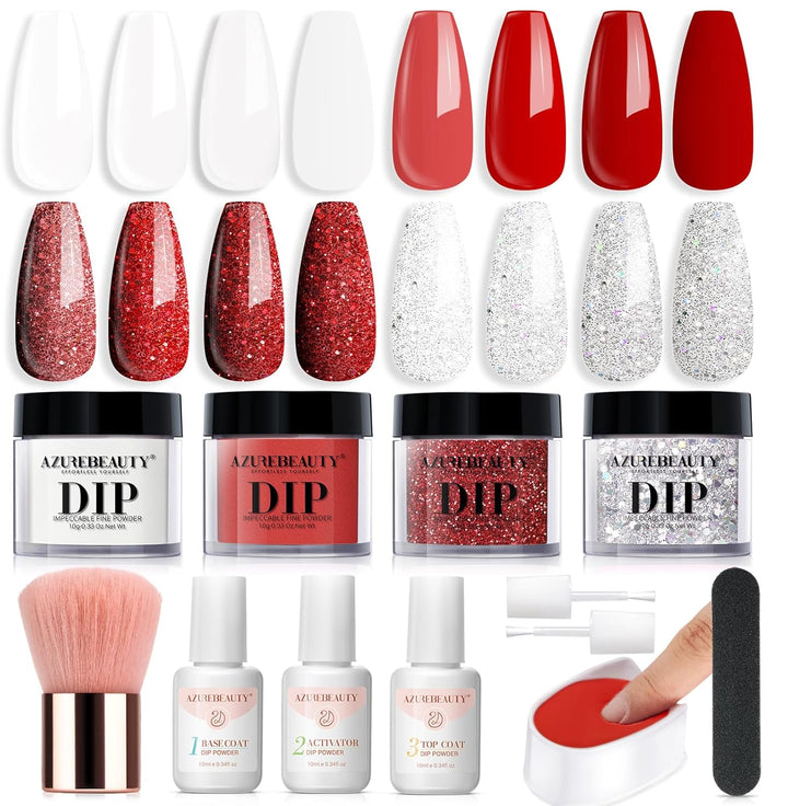 Dip Powder Nail Kit,4 Colors Nude Pink Glitter Hues,Starter Set for French Nails & All Seasons,Includes Base Coat, Top Coat, Activator & DIY Salon Liquids