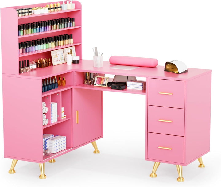 L Shaped Manicure Table with Dust Collector, 52" L Corner Nail Desk for Nail Techs, W/Polish Display Rack Arm Rest, Acetone Resistant Top, Drawer and Cabinet Storage, for Nail Salon (Black)