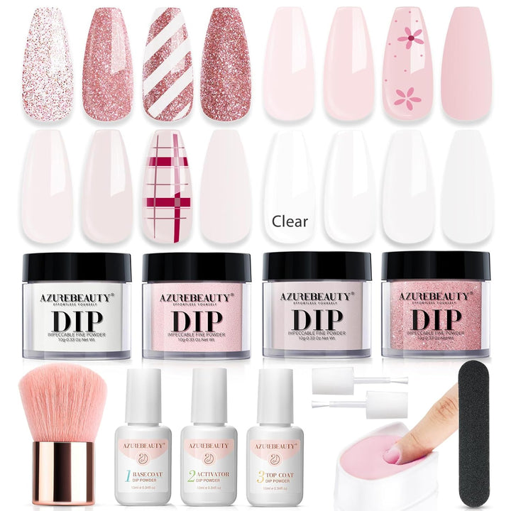 Dip Powder Nail Kit,4 Colors Nude Pink Glitter Hues,Starter Set for French Nails & All Seasons,Includes Base Coat, Top Coat, Activator & DIY Salon Liquids