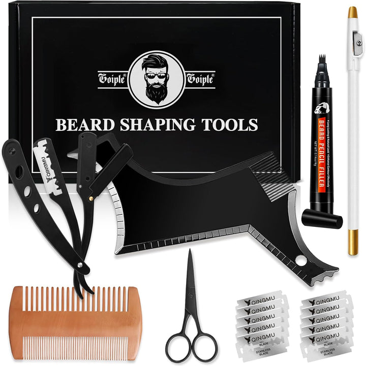 Beard Shaper for Men Beard Shaping Tools - Beard Template Guide, Professional Straight Edge Razor, 10 PCS Double Edge Blade, Barber Pencil, Beard Comb, Stainless Steel Scissor Mustache Lineup Tools