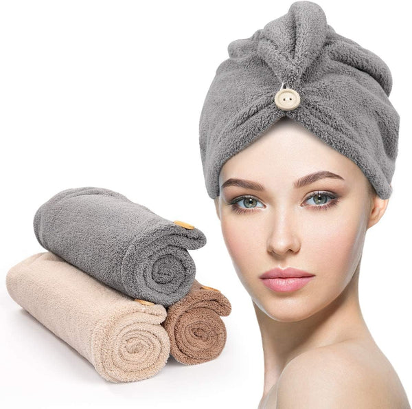 3 Pack Hair Drying Towels, Hair Towel with Button, Super Absorbent Microfiber Hair Towel for Curly Hair, Fast Drying Hair Wraps for Women Girls, Microfiber Towel for Hair