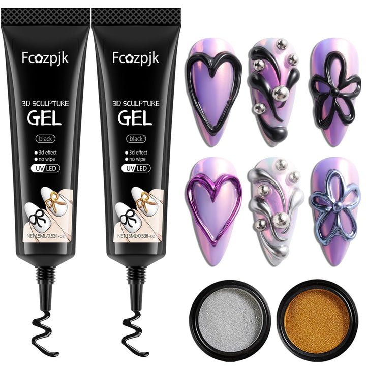 3D Sculpting Gel for Nail Art, 2PCS 10G Clear 3D Gel Liner Polish Carving Modeling Gels for Nail Design, 5D Embossed Candy Gels with Gold Silver Chrome Powder Kit