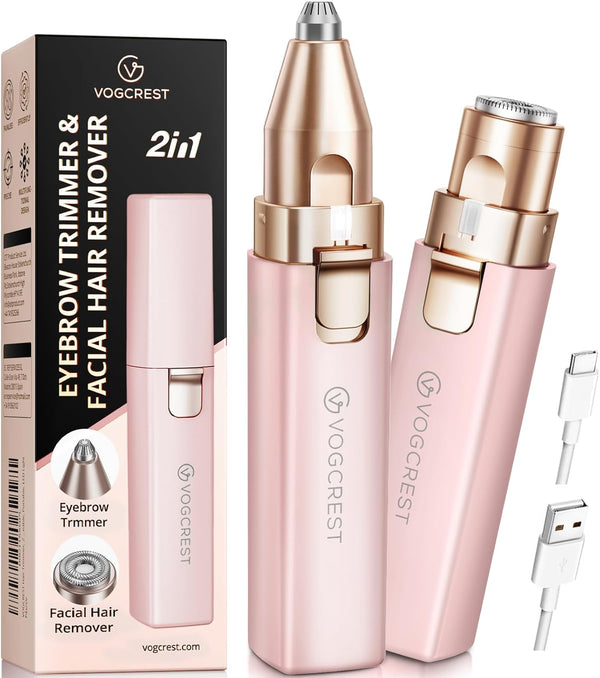 Rechargeable Facial Hair Remover for Women: 2 in 1 Electric Eyebrow and Facial Hair Remover - Suitable for Middle-Aged Women’S Eyebrow, Chin, and Cheek Trimming - with Built-In LED Light(Pink)
