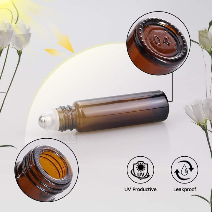 12 Pack Essential Oil Roller Bottles Stainless Steel, 10Ml Amber Glass Roller Bottles with Caps for Travel, Perfume and Lip Gloss