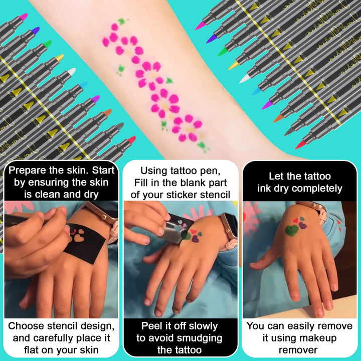 Body Art Tattoo Pen Dual Tip 10 Colors with GOLD SILVER Temporary Tattoo Markers Skin Pen Body Markers Skin Marker Face Paint Kids Teen Girl Gifts Trendy Stuff 8 9 10 11 12 13 14 Years Old