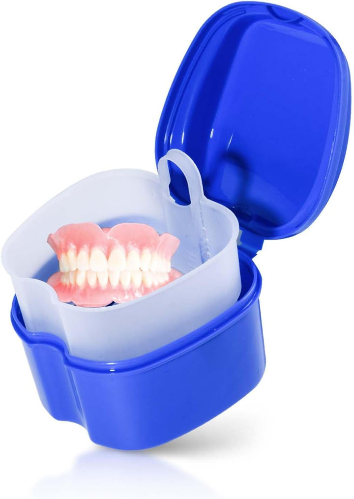 2 Pack Colors Denture Bath Case Cup Box Holder Storage Soak Container with Strainer Basket for Travel Cleaning (Light Blue and Blue)