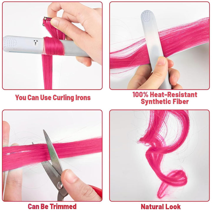 22 Inch Colored Hair Extensions Straight Hairpiece, Colorful Party Highlights Clip in Long Synthetic Hair Extensions for Women Kids Girls Favor Gift(10 PCS Hot Pink)