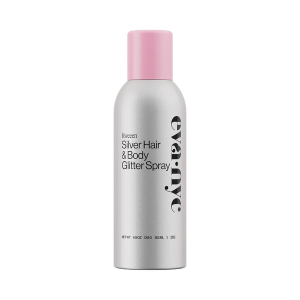 Eva NYC Kweeen Silver Hair and Body Glitter Spray - Our Original Ultra Shimmery Glitter, New Look - Adds Shine + Non-Sticky - Quick Drying Sparkle Spray - Warm Vanilla Scent - 4.9 Oz
