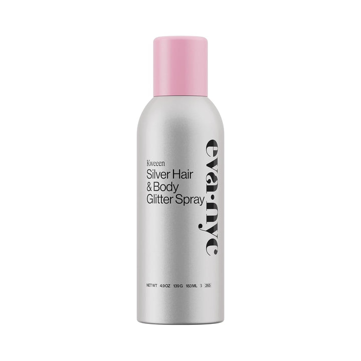 Eva NYC Kweeen Silver Hair and Body Glitter Spray - Our Original Ultra Shimmery Glitter, New Look - Adds Shine + Non-Sticky - Quick Drying Sparkle Spray - Warm Vanilla Scent - 4.9 Oz