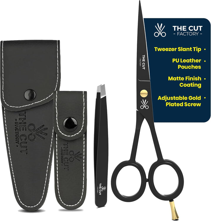 The Cut Factory® 6.5” Matte Black Luxury Hair Scissors – Ultra-Sharp High Carbon Steel Barber Shears for Men, Women & Kids – Gift-Boxed with Leather Pouch – Precision Cutting for Salon & Home