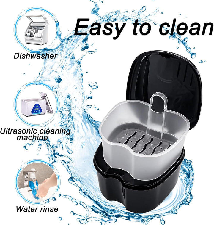 Black Denture Soaking Container Partial Denture Case, Orthodontic Retainer Cleaning Case Denture Cleaner Container Dentures Teeth Cup with Strainer and Lid Waterproof