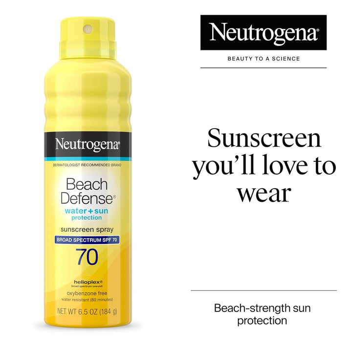 Beach Defense Sunscreen Spray SPF 70 - Broad Spectrum Sun Protection for Face & Body, Water-Resistant Sunscreen Formula, Lightweight & Fast-Absorbing, 6.5 Fl. Oz. (184 Ml)