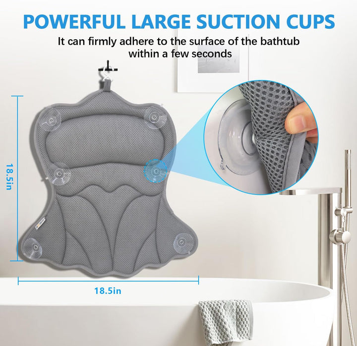Bath Pillows for Tub,Bath Pillow with 6 Non-Slip Suction Cups,Soft 4D Mesh Fabric,Bathtub Pillows for Tub Neck and Back Support,Extra Thick Luxury Bathtub Pillows,Grey