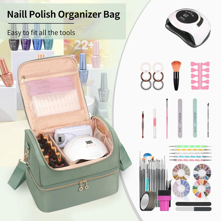 Nail Polish Organizer Case, Nail Supplies Storage Box Holds 45 Bottles Nail Polish & Nail Lamp, Travel Nail Tech Carrying Case, Nail Kit Bag for Nail Stuff & Manicure Tools