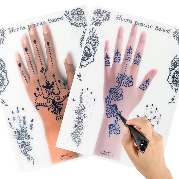 Reusable Henna Tattoo Practice Boards 2 Pack Henna Hand Practice Templates for Homemade Henna, Mehendi Heena Beginner, Aritist for Mehendi Art, 2 Skin Tones