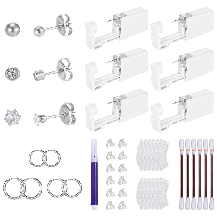 Disposable Ear Piercing Kit with 6 Piercing Guns, 3 Pairs of Earrings, Mark Pen, Iodophor Swabs, Cartilage Jewelry Studs & Accessories, Easy at Home Use (Gold)