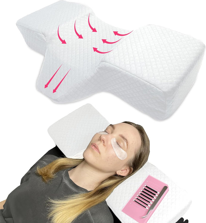 Lash Pillow for Eyelash Extensions - Curved Memory Foam Bed Pillow, Ergonomic Head Rest with Neck Support, Side Pockets for Tools, Fits Lash Beds for Tech – Black