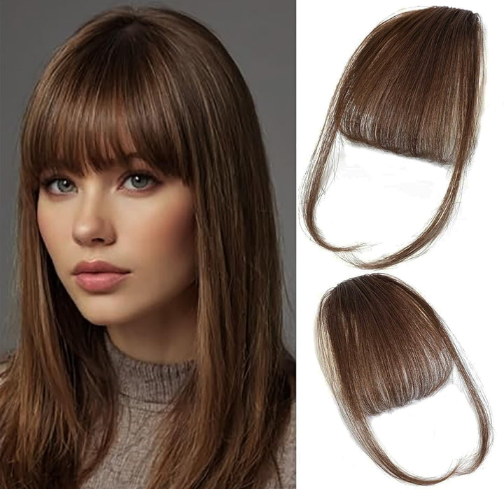 Clip in Bangs Real Human Hair Clip on Wispy Bangs Fringe with Temples Hairpieces Fake Front Bangs Extensions for Women Dark Brown Color