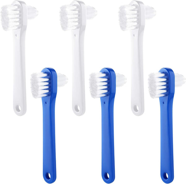 6 Pack Denture Cleaning Brush Dual Head Portable Denture Toothbrush Hard Double Sided Multi-Layered Bristles False Teeth Toothbrush for Care Clean Clear Brace Mouth Guard(Blue White,Flat)