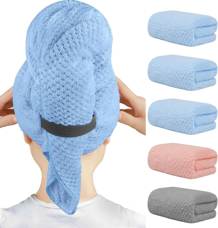 5 Pack Microfiber Hair Towels - 40 X 20 Inches Super Soft, Fast Drying Turbans for Long, Thick, Curly Hair - anti Frizz Wrap with Elastic Strap