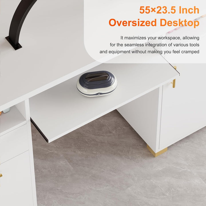 White and Gold Nail Desk for Nail Tech, Manicure Table with 2 Drawers and Cabinet, 55 Inch Nail Table with Movable Shelf, Manicure Table Nail Station