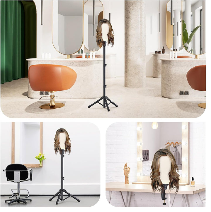 Reinforced Wig Stand with Mannequin Head - Adjustable Wig Head Stand with Head for Wigs - Manikin Head Set for Cosmetology, Black