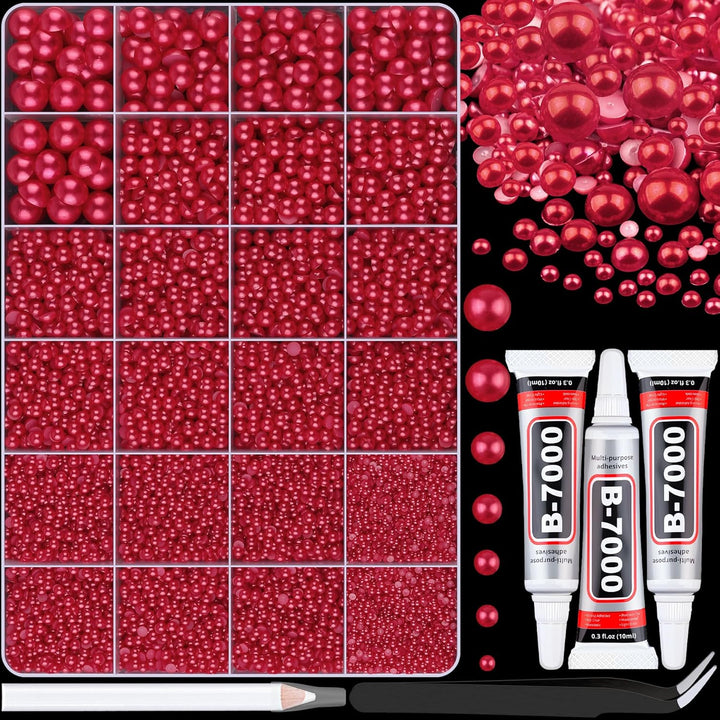 16500Pcs Flatback Pearls for Crafting (White), Assorted Size 2/3/4/5/6/8/10Mm Half Pearl with 3Pcs 10Ml B7000 Jewelry Glue, Bedazzling Kit for DIY Crafts Clothing Tumbler Shoes Embellishment Nail Art