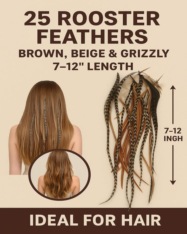 Feather Hair Extension – 25 Loose Long Natural Rooster Feathers in Brown, Beige, and Grizzly, All Individual Feathers, Ranging from 6 to 11 Inches in Length