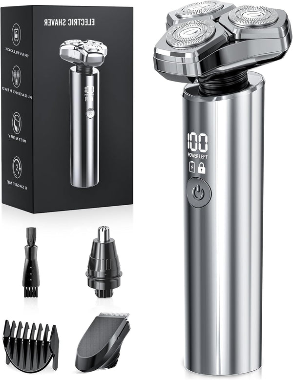 Electric Razor for Men，10,000Rpm High-Speed Motor, IPX8 Waterproof, USB Fast Charging, 5-Min Quick Charge & Travel Lock,Metallic Silver