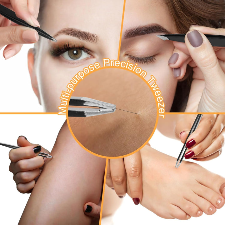 Tweezers Set,9 Pcs Professional Stainless Steel Tweezer Kit-Great Precision Eyebrow Tweezers for Ingrown Facial Hair with Leather Travel Case as Stocking Stuffing Gifts