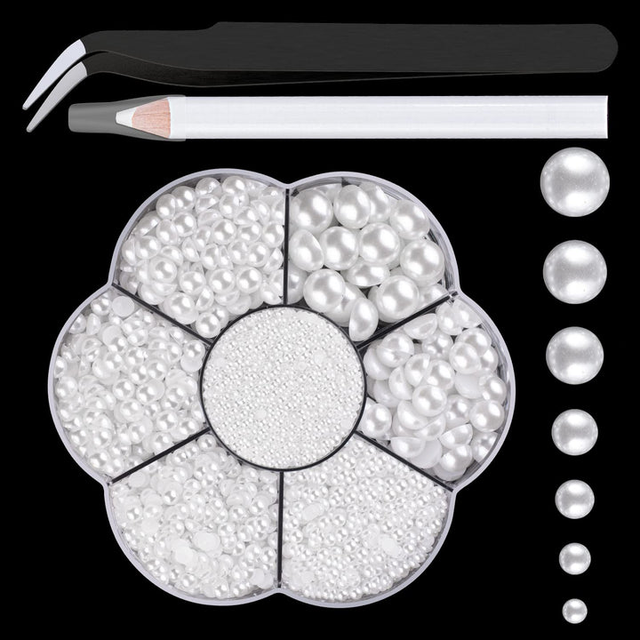 Nail Art Flat Back Half round Pearl Kits 3, Mixed Sizes 6000 Pcs White Small Pearls for Nails with Picking Tools for Graduation Cap Decorations Home DIY Body Face Craft Salon Use