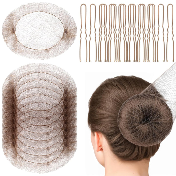 Hair Accessories Set: 20PCS Mesh Hair Nets Invisible and 40PCS U Shaped Hair Pins for Women, Girls, Ballet Bun Maker & Dance (Hair Nets- 20 Inch(50Cm), Hair Pins- 2.4 Inch(6Cm)), Brown