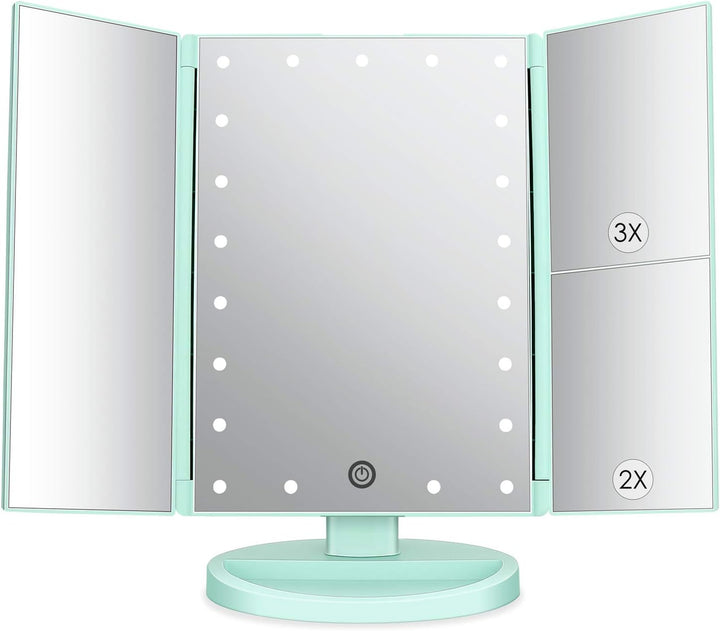 Dresser Mount Tri-Fold Lighted Vanity Mirror with 21 LED Lights, Touch Screen and 3X/2X/1X Magnification, Two Power Supply Modes Make up Mirror,Travel Mirror