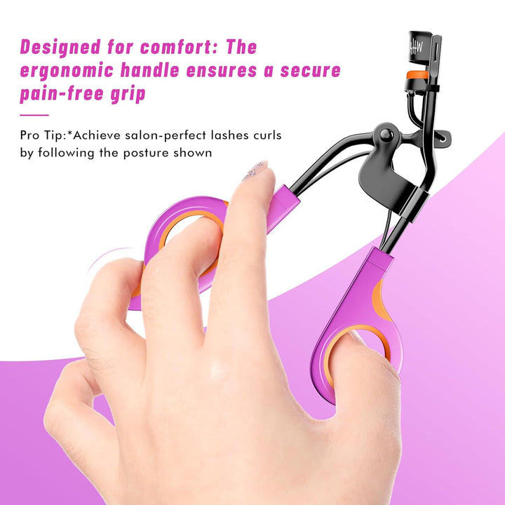 Eyelash Curlers with 6PCS Extra Replacement Pads, Premium Quality Eye Lash Curler, Superior Curling Effect, Easy to Hold and Use, Christmas Gifts for Her - Orange Purple Handle