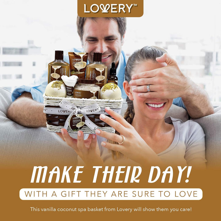 Gifts for Women Gift Basket for Women– 9 Piece Set of Vanilla Coconut Home Spa Set, Includes Fragrant Lotions, Extra Large Bath Bombs, Coconut Oil, Luxurious Bath Towel & More