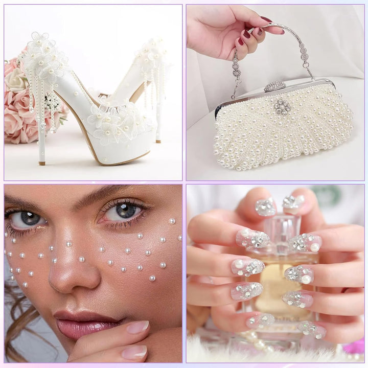 3732Pcs Hair Pearls, 3/4/5/6/8Mm White and Beige Pearl Stickers for Crafts, Hair Pearls Stick on Body Gems for Eye Nails Make up and DIY Decorations