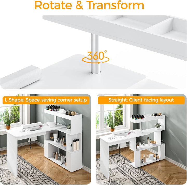 Manicure Table, L-Shaped Nail Tech Desk with Dust Collector, Reversible Rotating Table & Storage Shelf, Acetone Resistant Beauty Salon Station, White