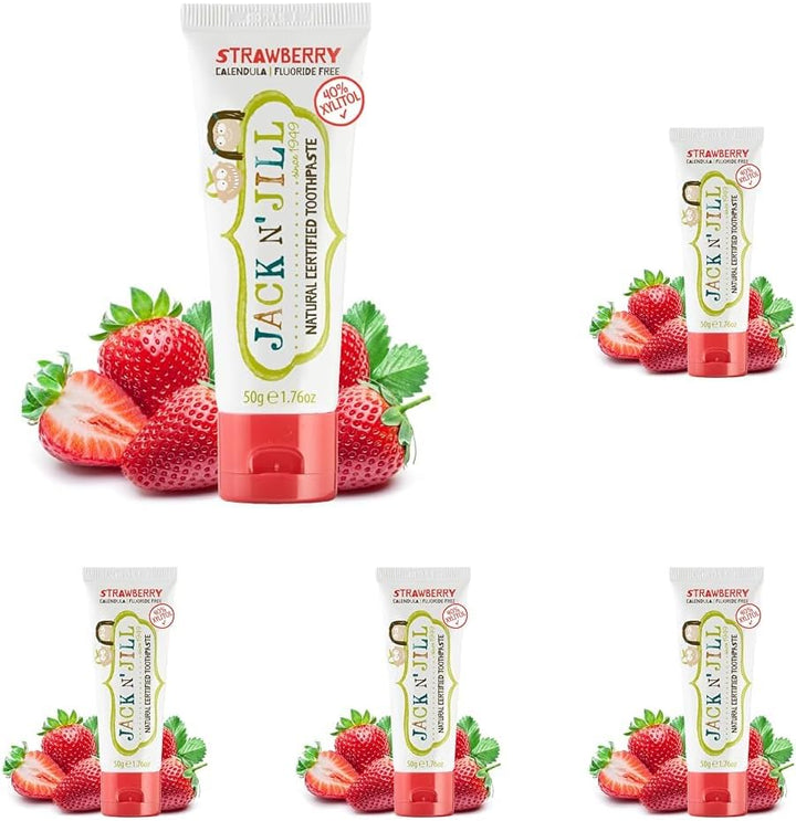 Natural Toddler Toothpaste for Baby, Kids and Infants 6 Months & Up, Fluoride Free Training Toothpaste for Toddlers 1-3, 40% Xylitol, BPA Free - Strawberry, 1.76 Oz (Pack of 5)